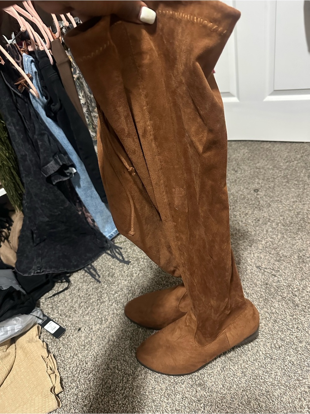JustFab Women's wide calf Over-the-Knee Suede Boots in Cognac Brown